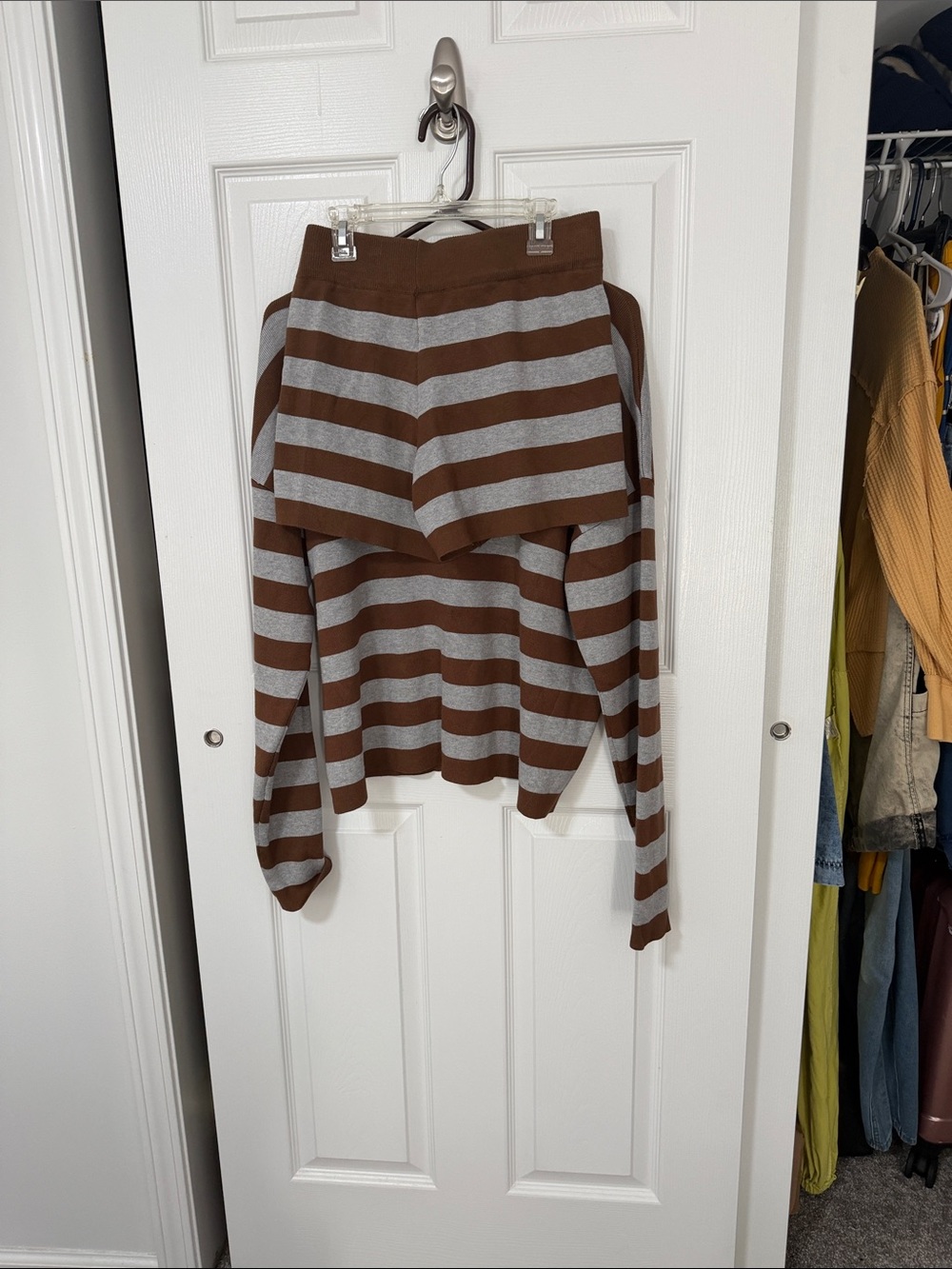 Off-the-Shoulder Striped Knit Sweater in Brown and Gray